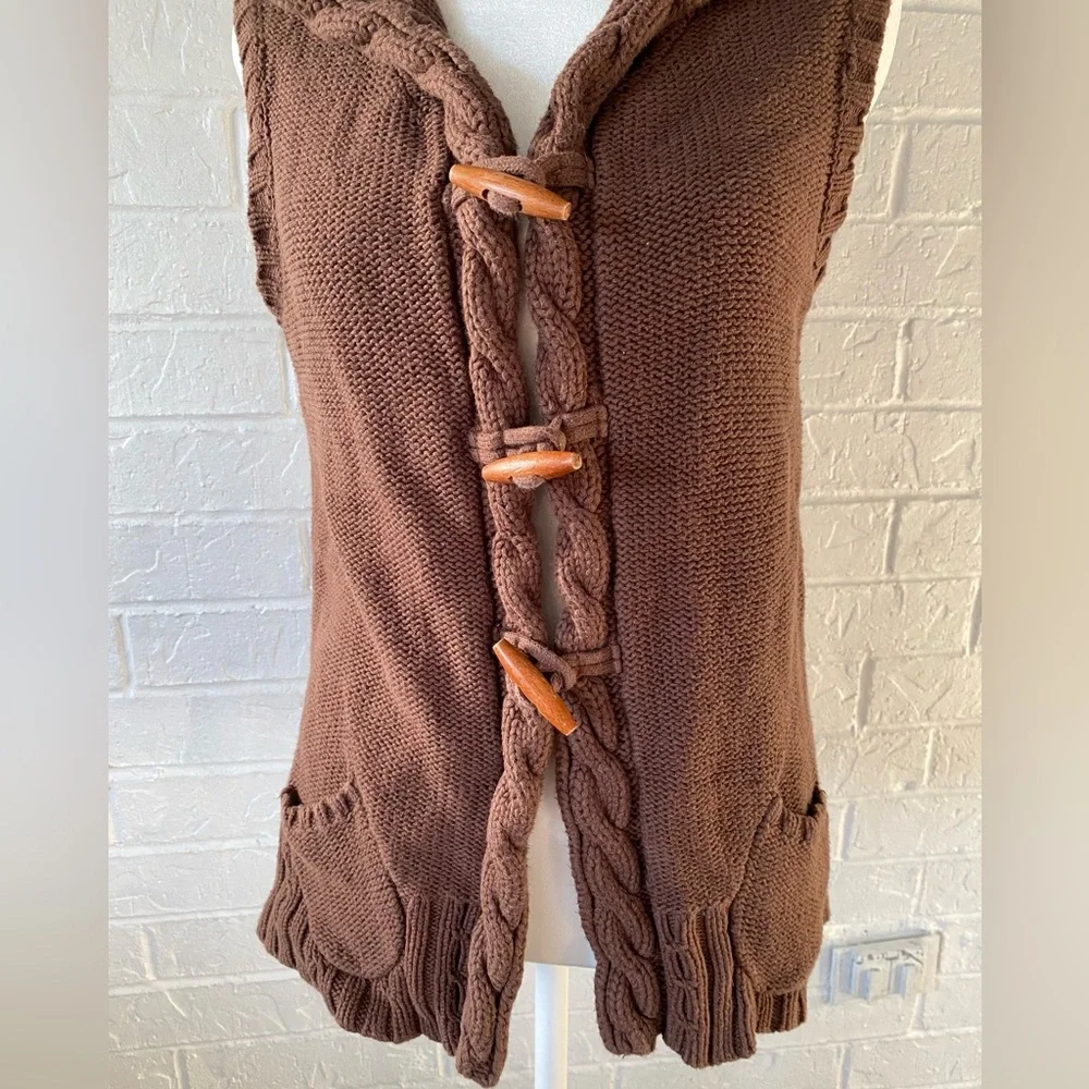 Dressbarn Y2K Brown Cable Knit Hooded Cotton Sweater Vest - Picture 5 of 12